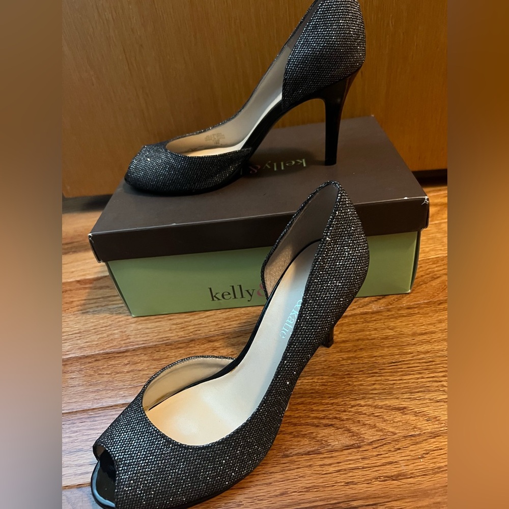 Kelly & Katie Black Glitter Peep-Toe Heels